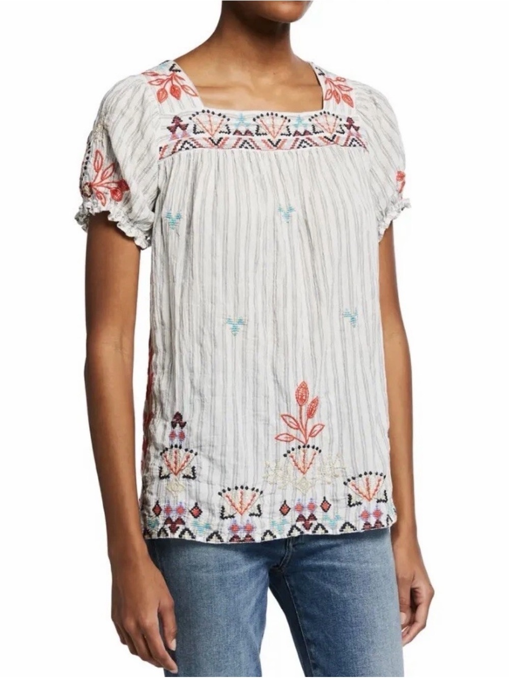 Johnny Was Workshop Mareen Puff Sleeve Embroidered Peasant Top Boho Lightweight